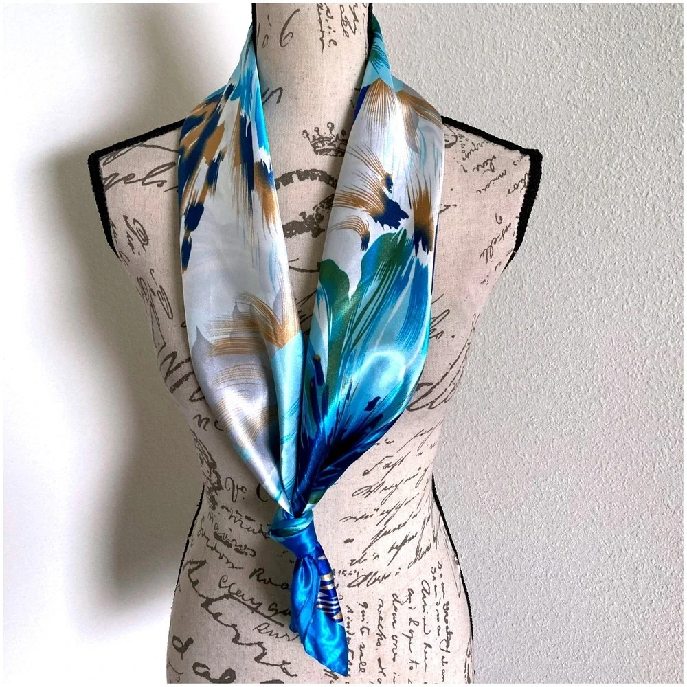 Oversized Square Blue Floral Satin Scarf Head Neck Hair boho Tropical Wrap 💖